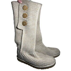 Ugg Beige & Gold Classic Cardy Tall Knit Boots With Button Accents Size 8